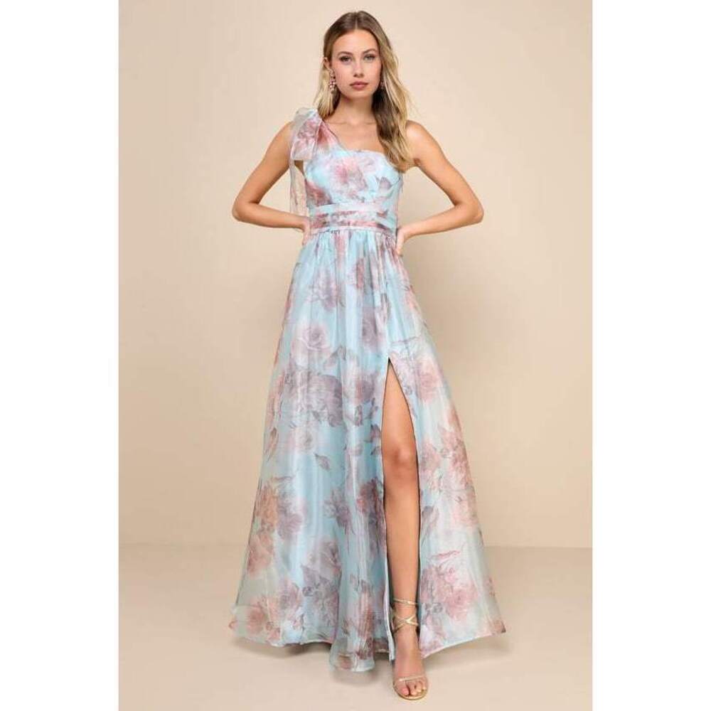 Lulu's Floral One-Shoulder Blue and Pink Maxi Dress